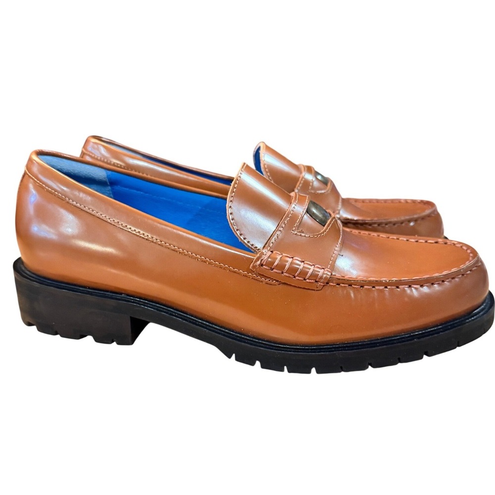 Free People Liv Lug Sole Tan Patent Leather Penny Loafer Shoe Women Size 40 NWOT